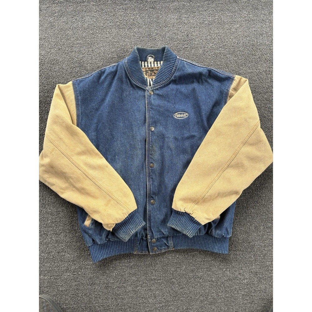 Vintage 90s Denim Bomber Jacket Mens Size XL Snaps Embroidered Peterbilt STAINED